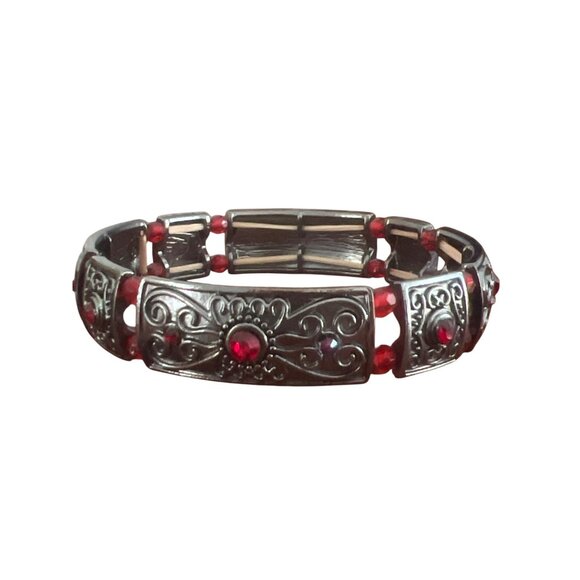 Vintage Gunmetal Panel Stretch Bracelet Red Cabochon Beads .5" Wide Estate 7.5" - Picture 1 of 5